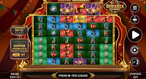 slot online Big Top Bonanza Megaways schermata con simboli scatter e funzione bonus slot online Big Top Bonanza Megaways schermata con simboli scatter e funzione bonus