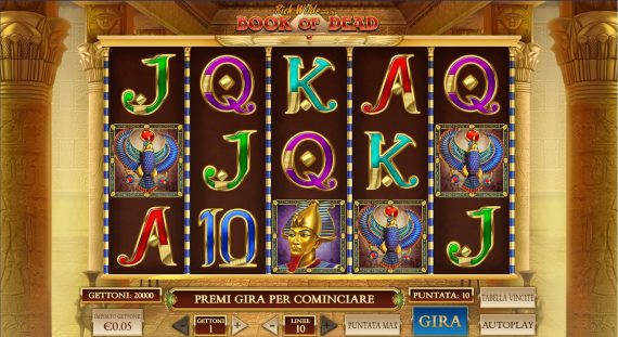 slot machine Book of Dead schermata con simboli egizi e pulsanti slot machine Book of Dead schermata con simboli egizi e pulsanti