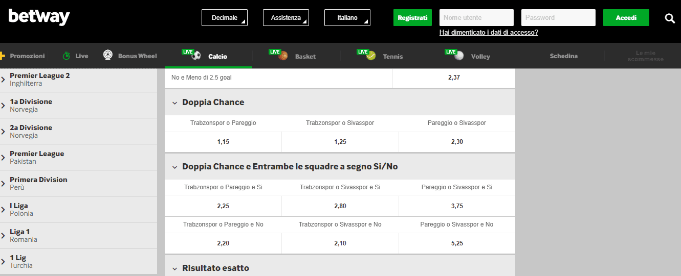 betway doppia chance Goal/NoGoal