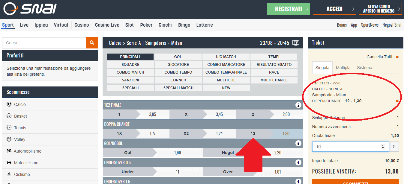 Snai Doppia Chance Scommessa