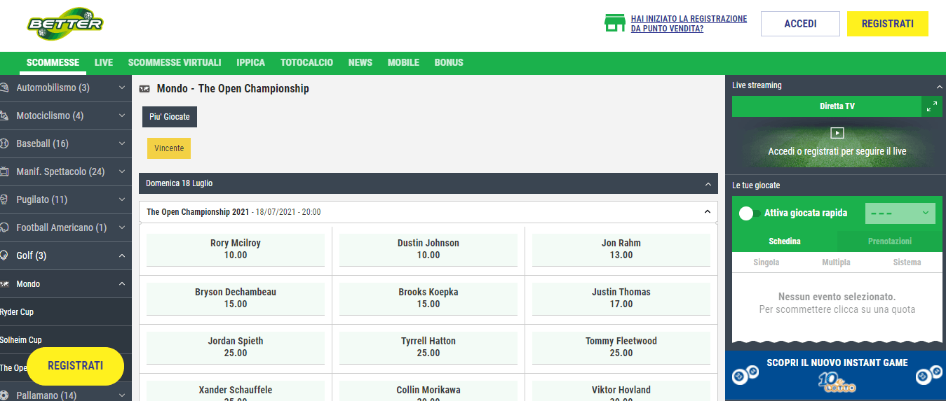 scommesse golf