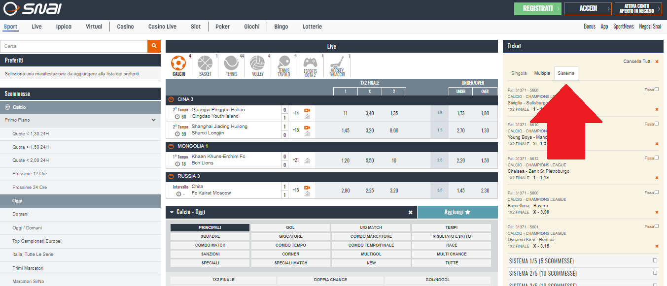 sistema con errore scommesse